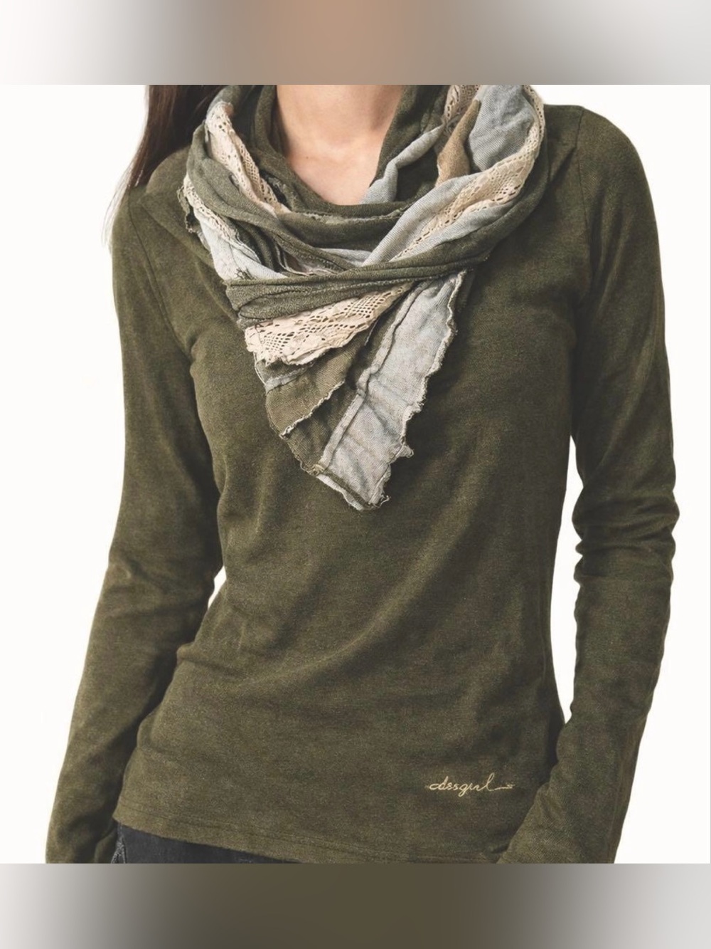 Desigual Olive Green Cowl Lace Neck Cotton Sweater - Size S
